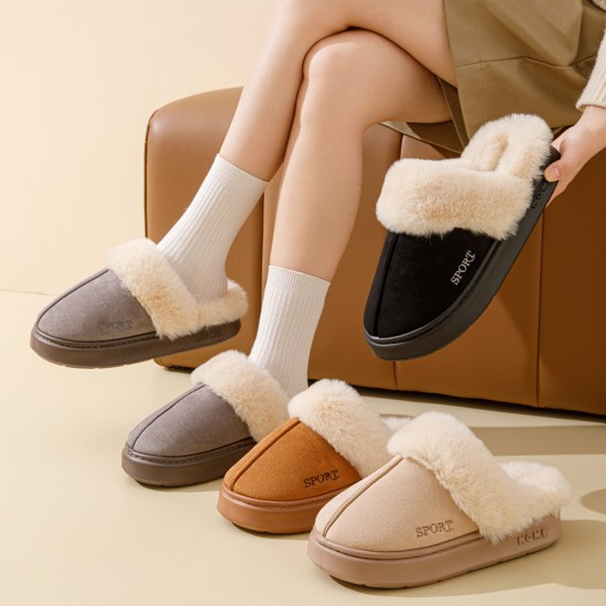 Unisex cotton slippers with plush fur for warmth and thick soles Unisex cotton slippers with plush fur for warmth and thick soles