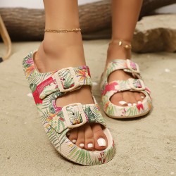 Cross-border floral flip-flops for women, wholesale thick-soled new summer beach slippers for women